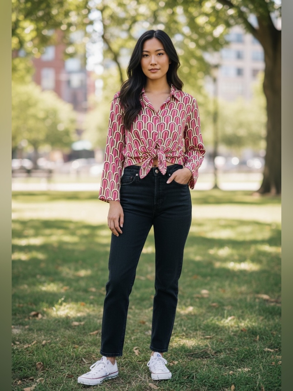 Rachel Zoe Pink Arch-Print cropped Button Front Blouse
